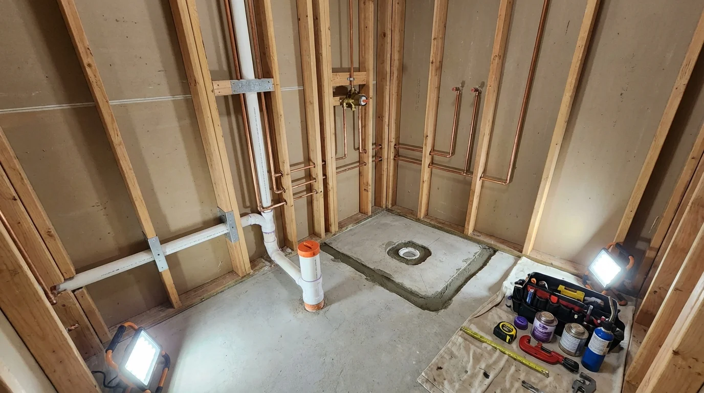 Bathroom rough-in plumbing during remodel by Johns Plumbing LLC in Newberry