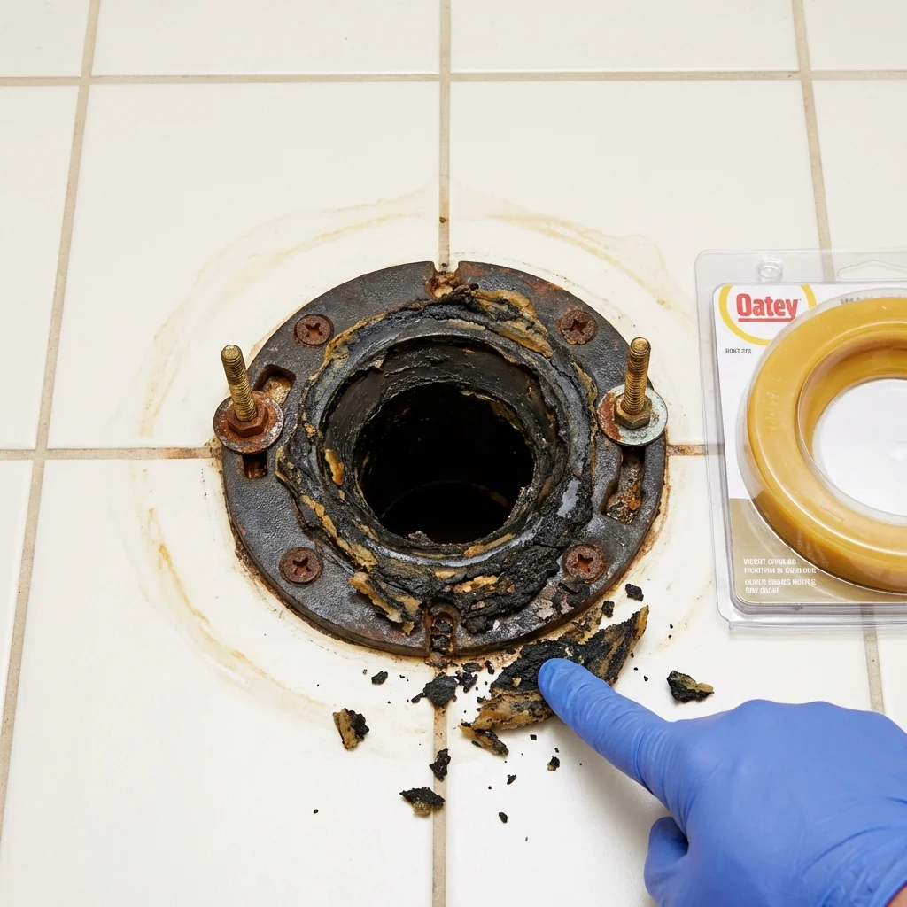 Failed wax ring showing water seepage at the base of a toilet in a Newberry, SC home