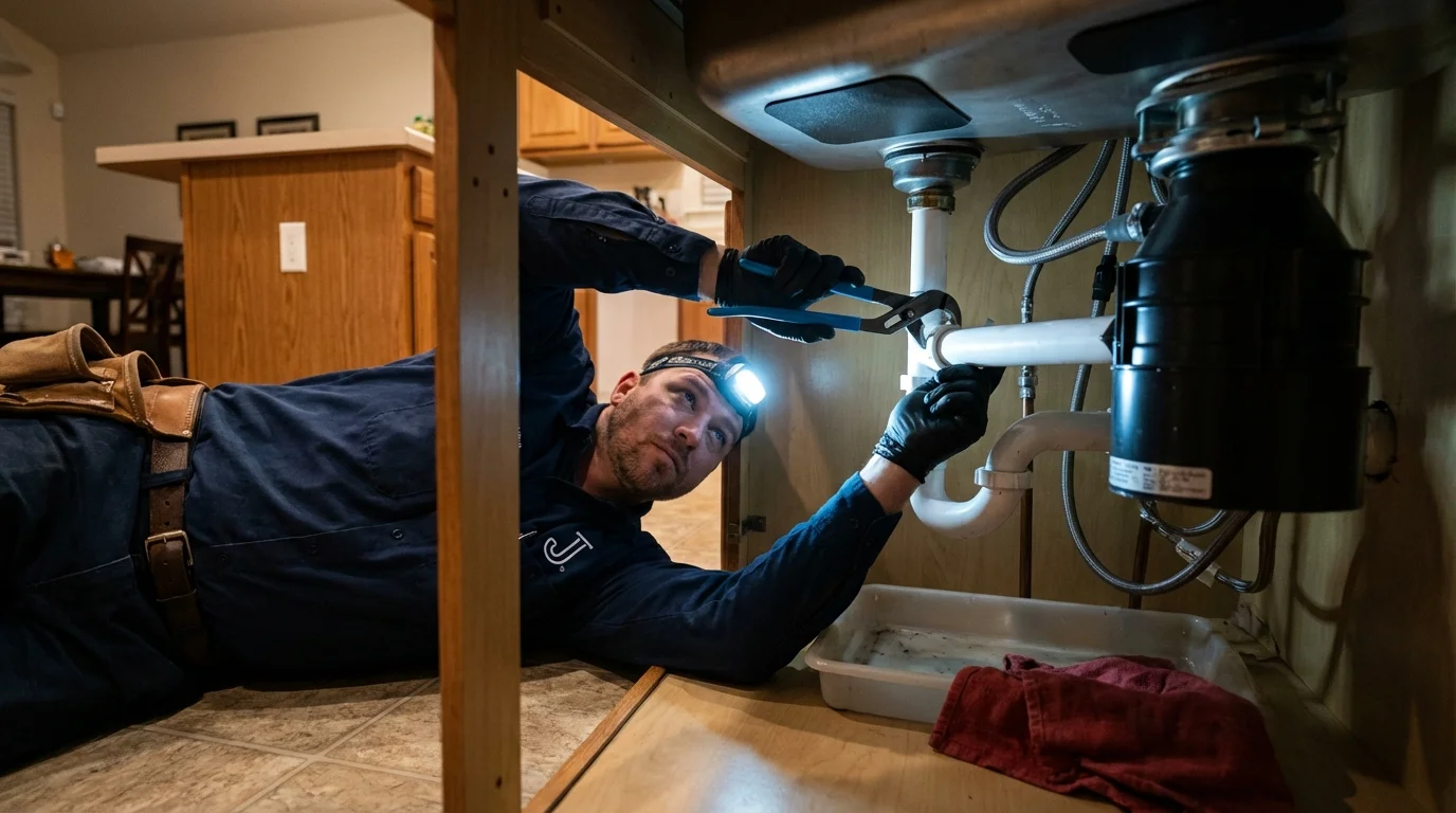 P-trap and supply line connections under a kitchen sink showing a common leak point in Newberry, SC